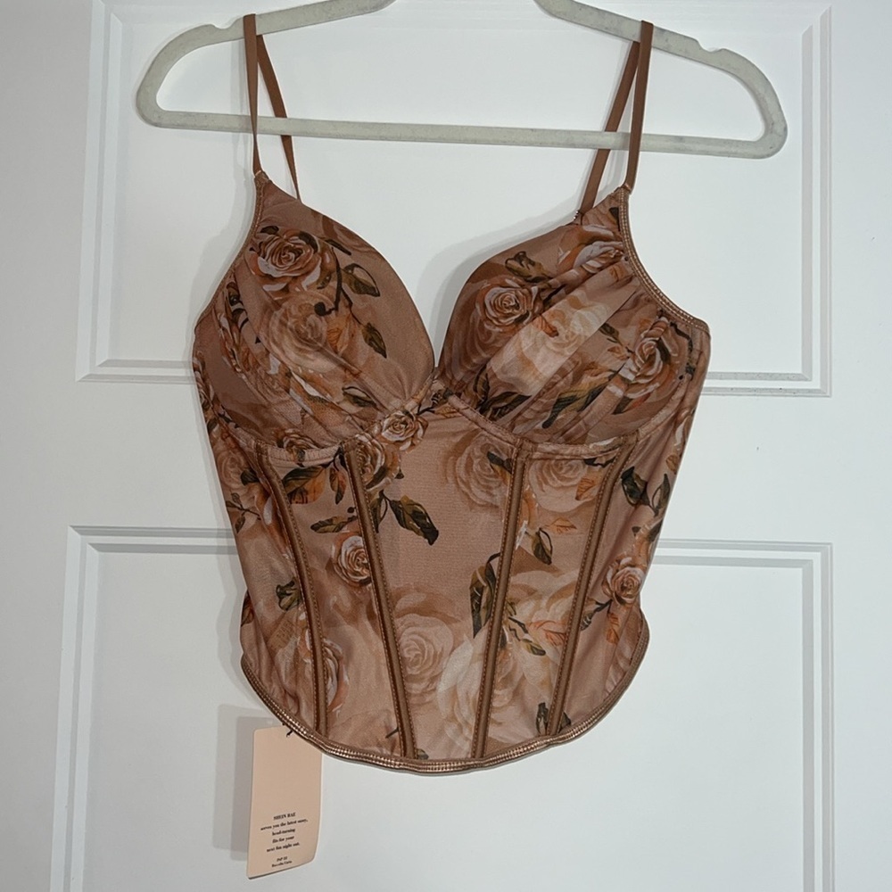 Floral Print Ruched Bustier Mesh Beige/Brown Corset Top size Medium US 6 - Picture 6 of 12